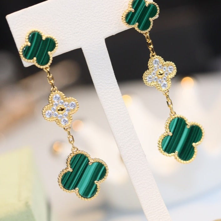 ¡®Imperial¡¯CLOVER EARRINGS GOLD MALACHITE DIAMOND 3 MOTIF