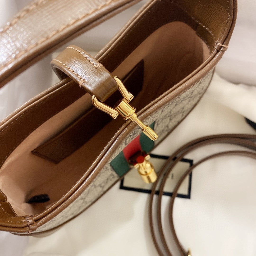 JACKIE 1961 KLEINE 28 SCHULTERTASCHE AUS BEIGEM CANVAS UND BRAUNEN KALBSLEDER