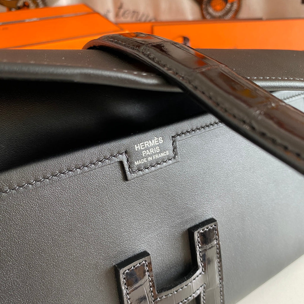 JIGE ELAN 29 CLUTCH IN BLACK CALFSKIN WITH LIZARD SKIN (MADE-TO-ODER)