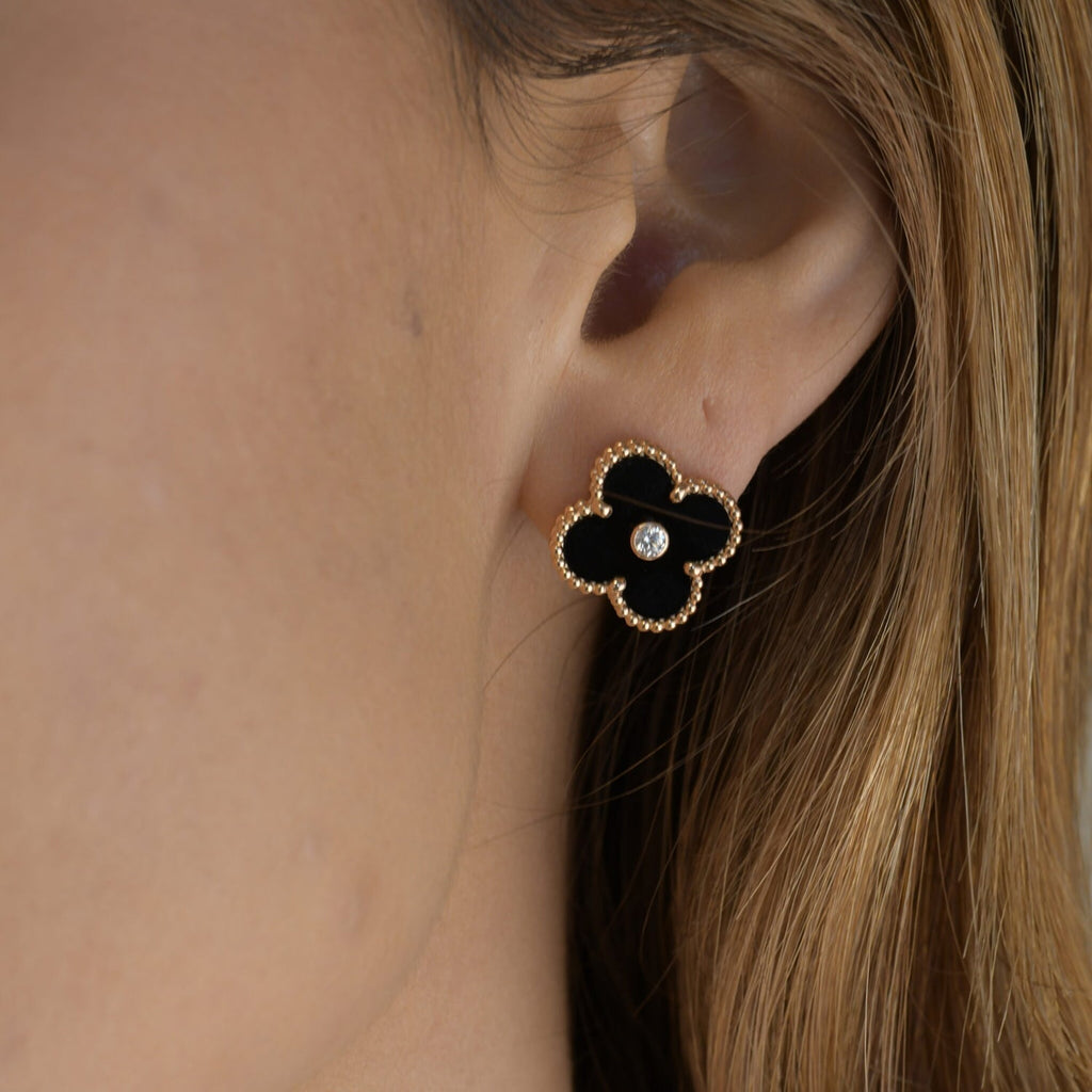 Imperial CLOVER MEDIUM 1 MOTIFS ONYX DIAMOND EARRINGS