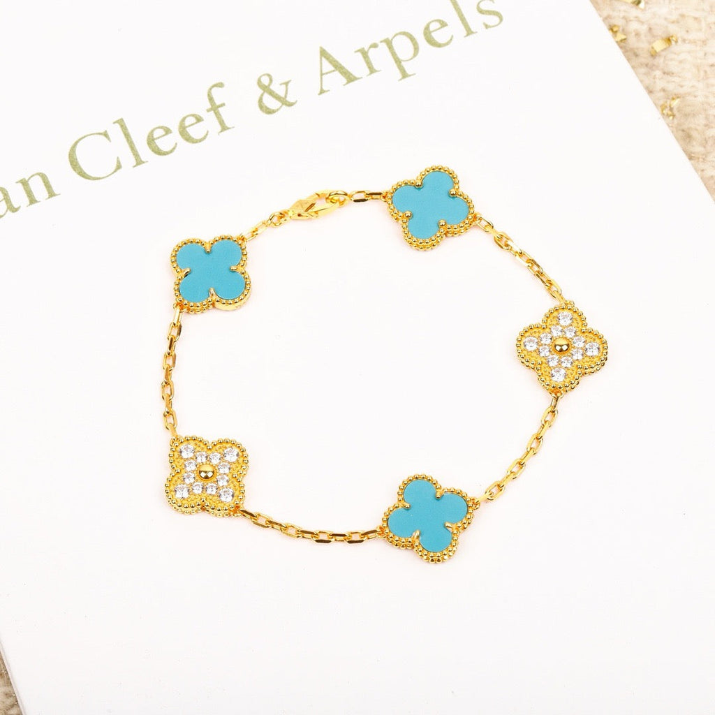 ¡®Imperial¡¯CLOVER 5 MOTIF TURQUOISE DIAMOND GOLD BRACELET