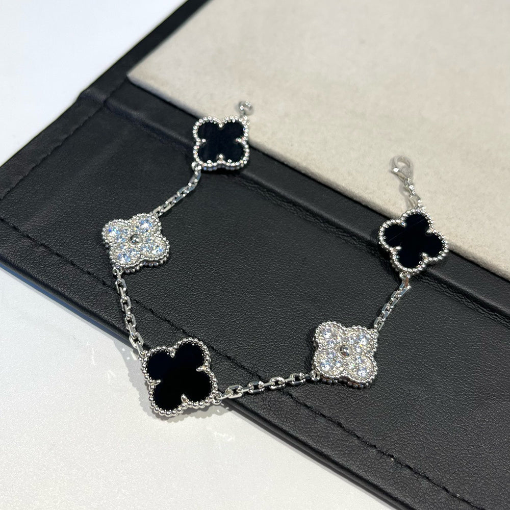 ¡®Imperial¡¯CLOVER 5 MOTIF ONYXS DIAMOND BRACELET SILVER