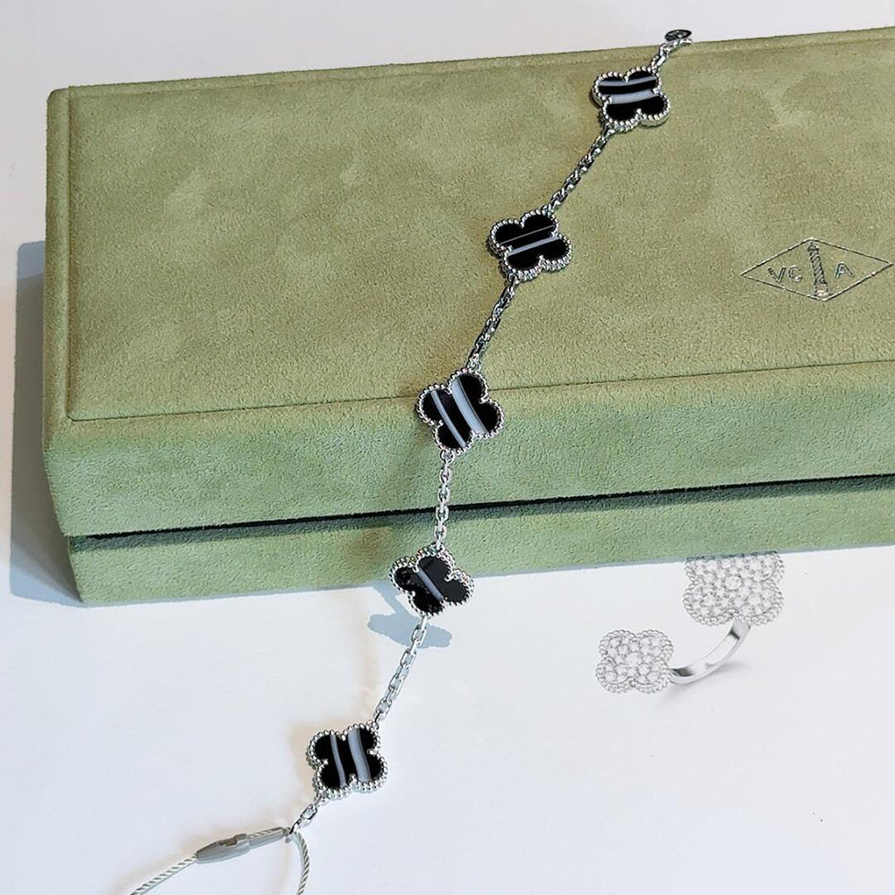 Imperial® Armband mit Kleeblattmotiv, 5 Adern, Onyx, Silber