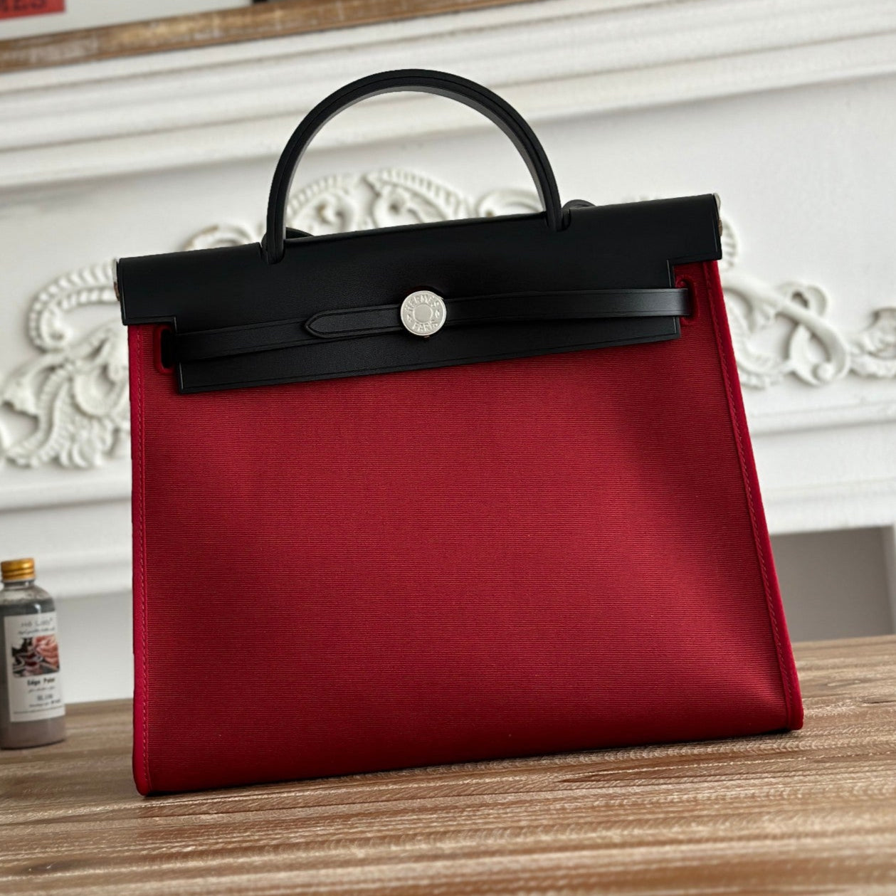 ZIP CABINE 31 BAG IN RUBY RED CANVAS AND BLACK CALFSKIN