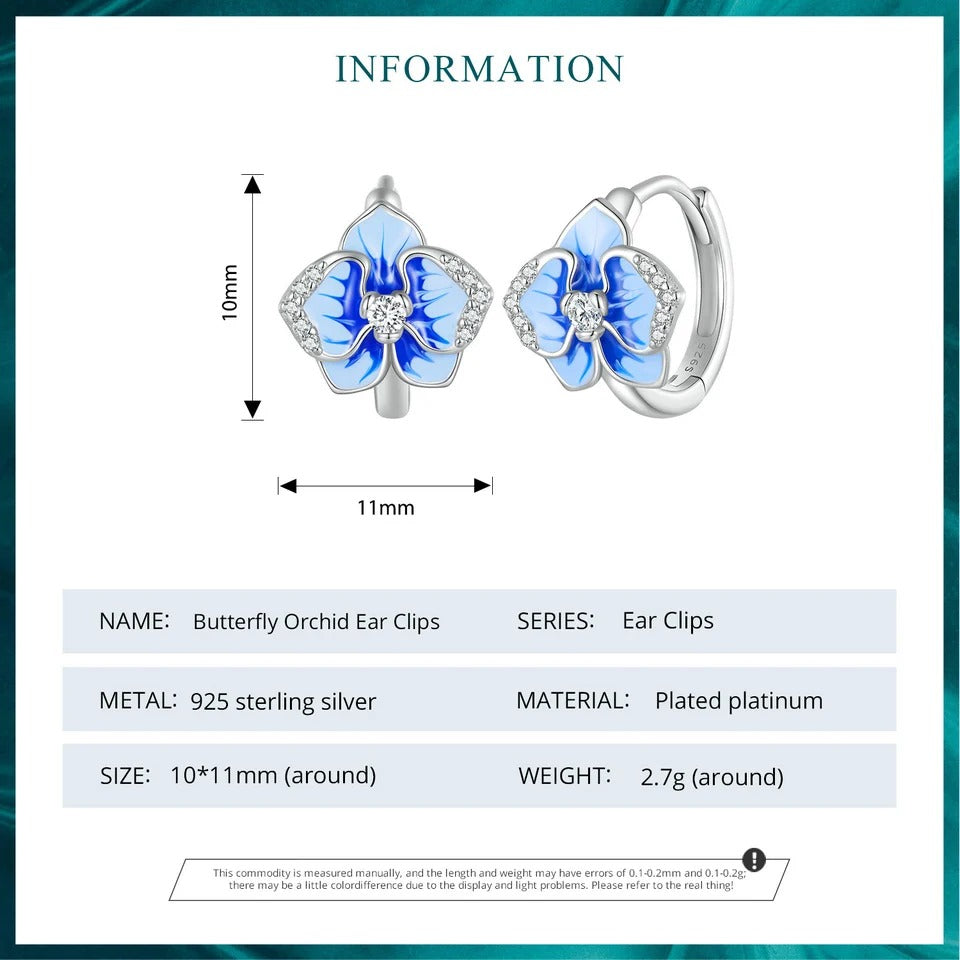 Ohrclips mit Schmetterlingsorchideenmotiv aus blauem Emaille, Ohrschnallen mit Phalaenopsis-Blume
